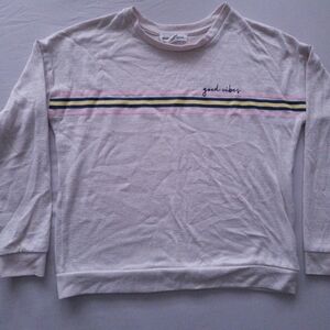 Cream Long Sleeve Top with Pastel Stripe and Script Detail